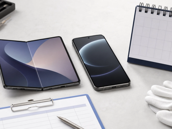 An unbranded foldable phone open beside a conventional flagship phone, repair estimate and three-year calendar