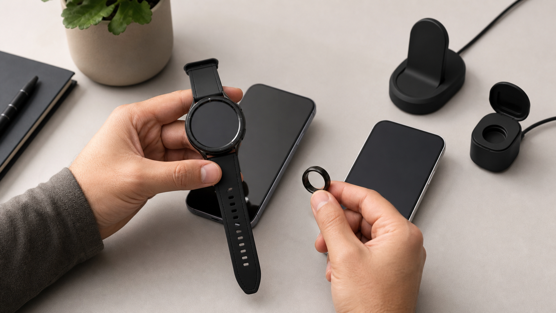 An unbranded iOS-style phone and Android-style phone on opposite sides of a table with a watch and smart ring between them, cables and migration checklist, no logos or text