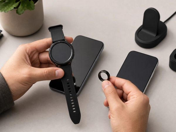 An unbranded iOS-style phone and Android-style phone on opposite sides of a table with a watch and smart ring between them, cables and migration checklist, no logos or text
