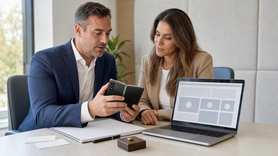 An executive reviewing an unbranded foldable phone and enterprise dashboard mock-up with permission cards, audit ledger and approval token on a boardroom table, no logos or readable text