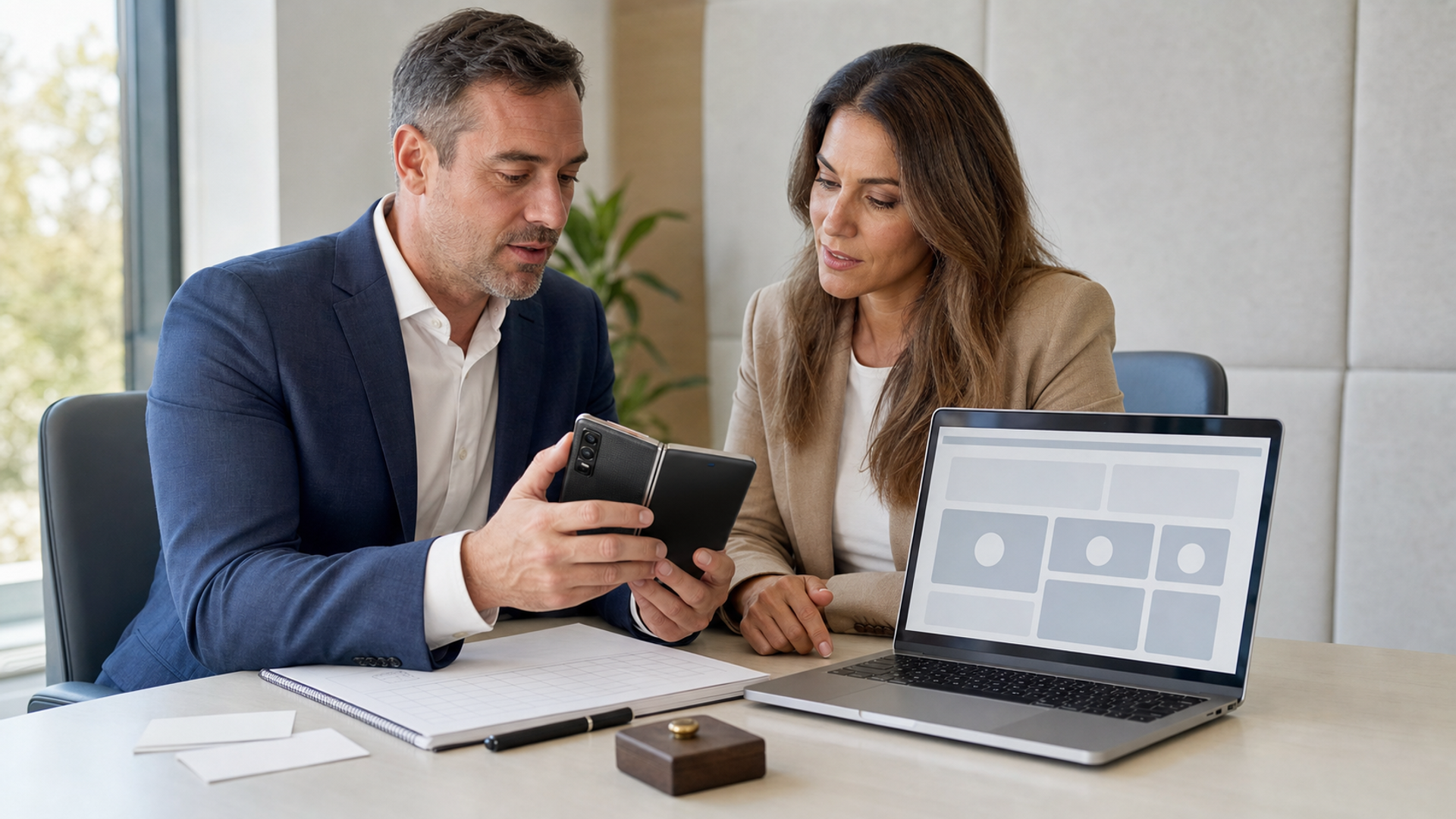 An executive reviewing an unbranded foldable phone and enterprise dashboard mock-up with permission cards, audit ledger and approval token on a boardroom table, no logos or readable text