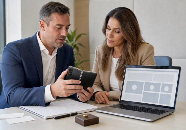 An executive reviewing an unbranded foldable phone and enterprise dashboard mock-up with permission cards, audit ledger and approval token on a boardroom table, no logos or readable text