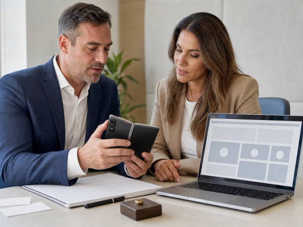 An executive reviewing an unbranded foldable phone and enterprise dashboard mock-up with permission cards, audit ledger and approval token on a boardroom table, no logos or readable text