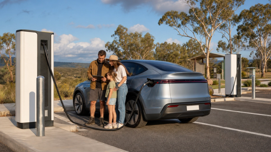 An electric car stopped at a remote Australian fast charger with a family checking the route