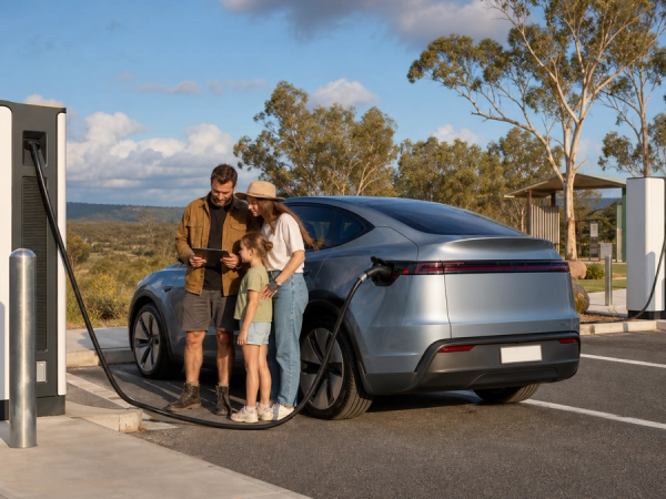 An electric car stopped at a remote Australian fast charger with a family checking the route