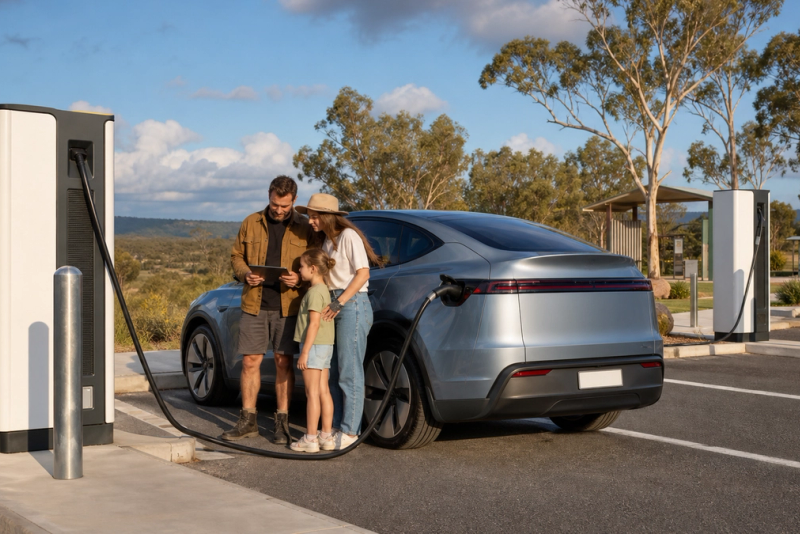 An electric car stopped at a remote Australian fast charger with a family checking the route