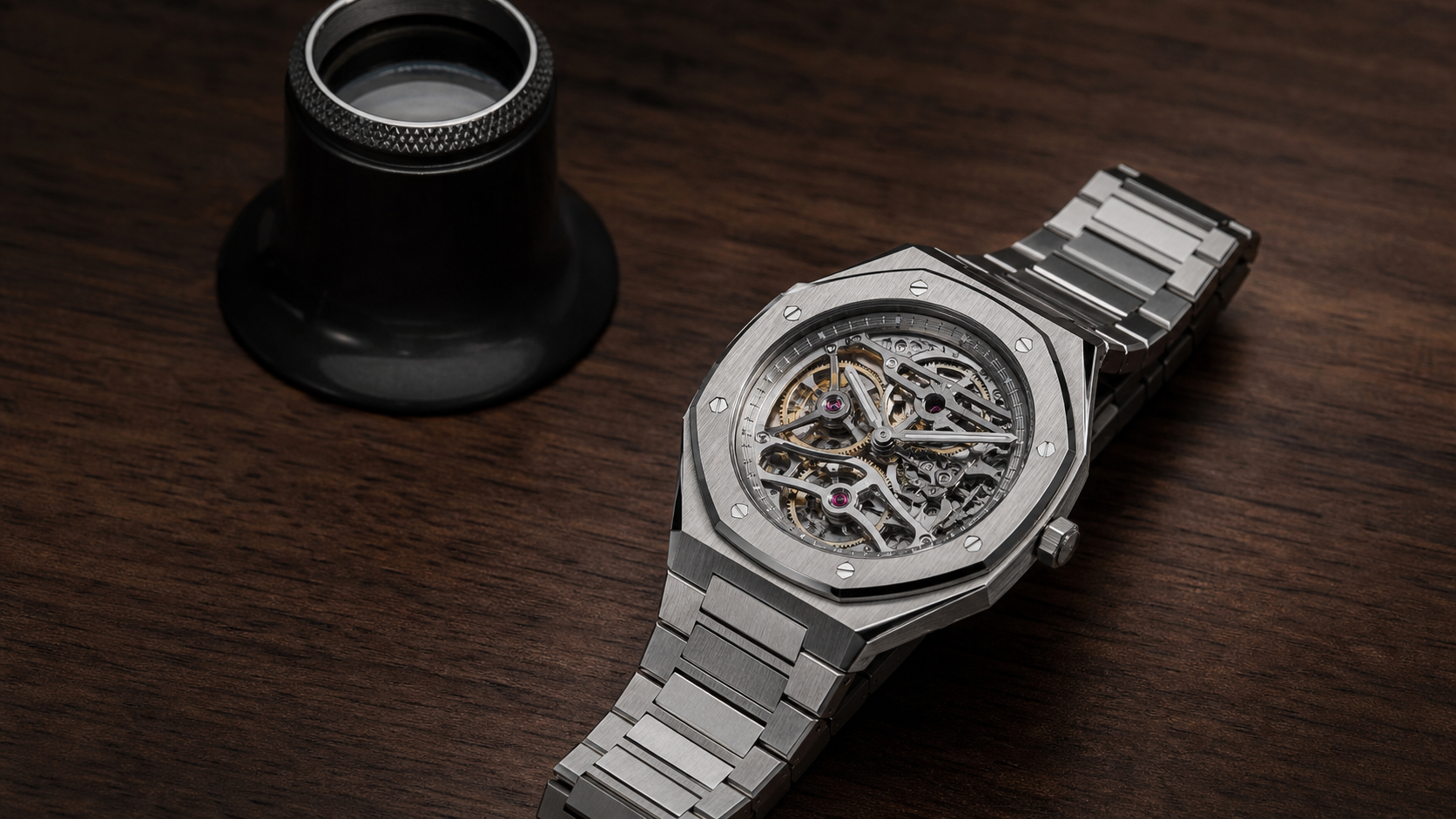 An integrated-bracelet haute-horlogerie watch being examined with a collector's loupe