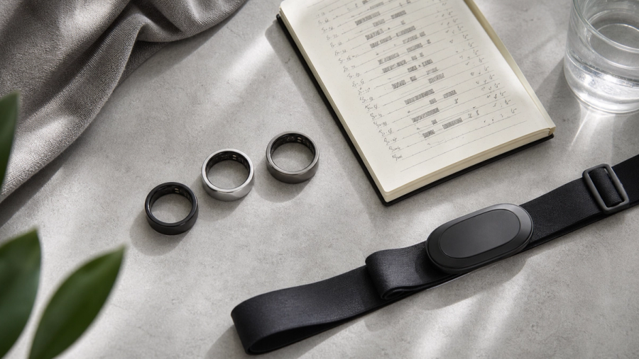 Three smart rings compared beside sleep records and a heart-rate strap