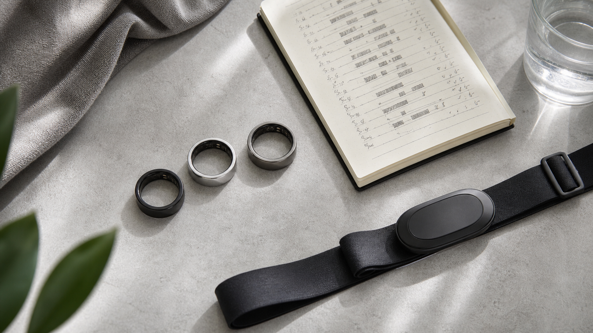 Three smart rings compared beside sleep records and a heart-rate strap