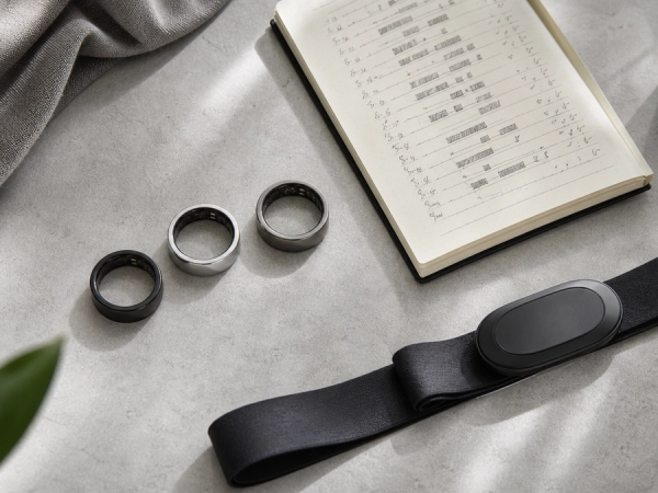 Three smart rings compared beside sleep records and a heart-rate strap