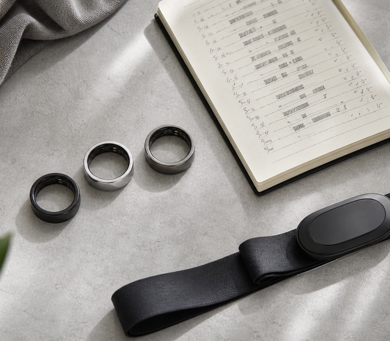 Three smart rings compared beside sleep records and a heart-rate strap