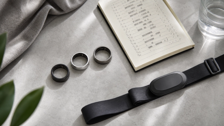 Three smart rings compared beside sleep records and a heart-rate strap