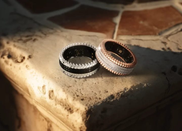 A close-up of a luxury smart ring showcasing its polished finish and embedded sensors.