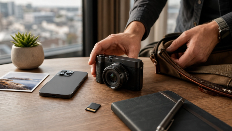 Camera phone and premium compact camera prepared for a photography trip