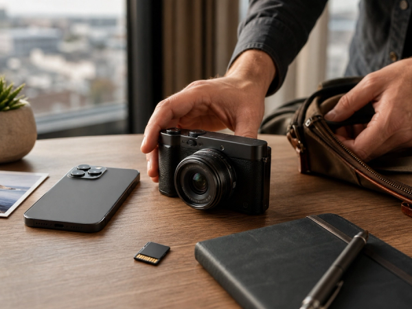 Camera phone and premium compact camera prepared for a photography trip