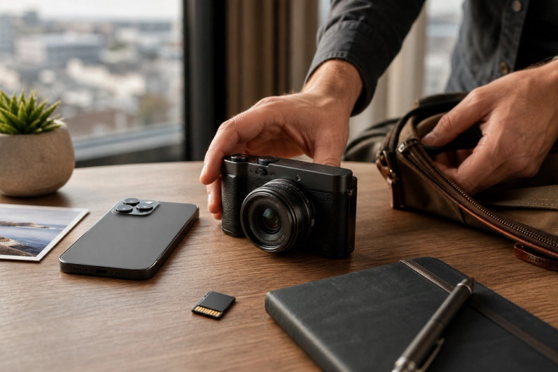 Camera phone and premium compact camera prepared for a photography trip