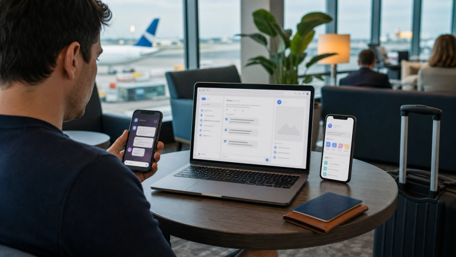 A European traveller choosing between a messaging interface phone app and web workspace on an unbranded phone and laptop