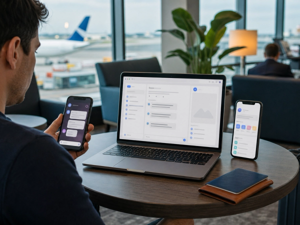 A European traveller choosing between a messaging interface phone app and web workspace on an unbranded phone and laptop
