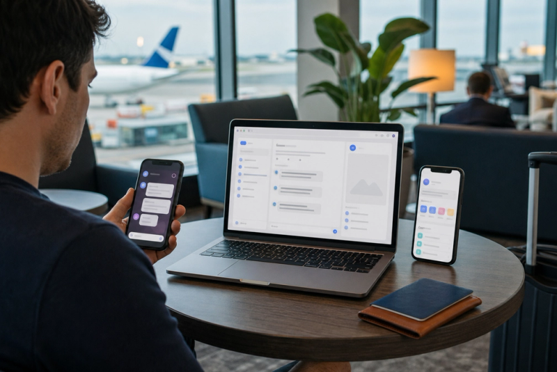 A European traveller choosing between a messaging interface phone app and web workspace on an unbranded phone and laptop