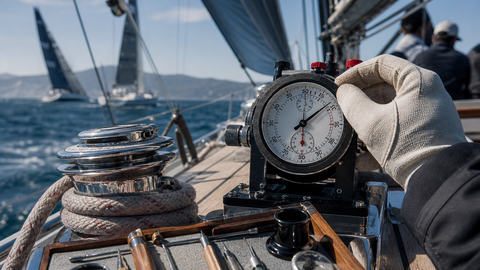 Unbranded regatta timing instrument operated beside sailing hardware