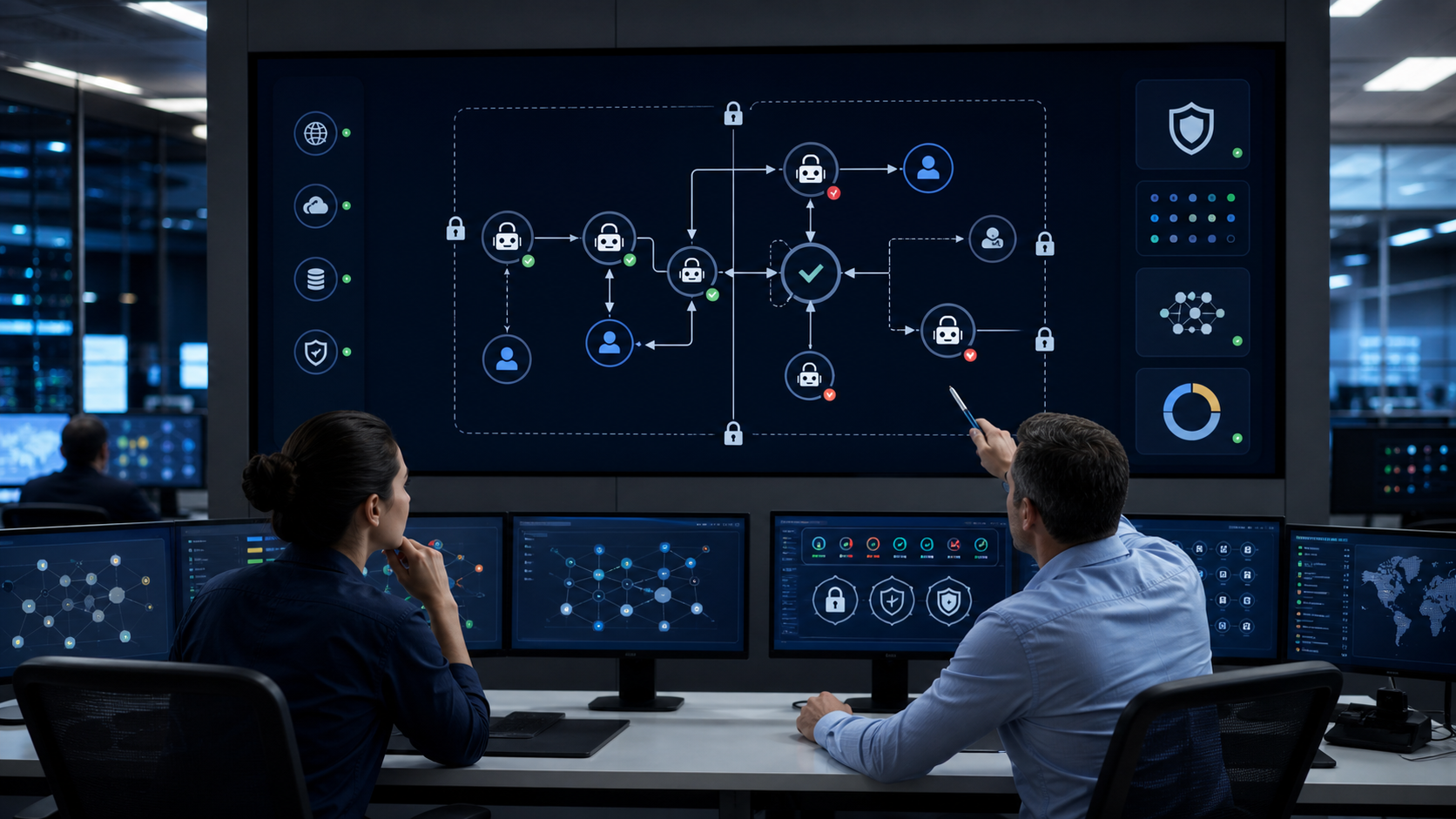 A security operations team reviewing an AI agent permission graph with identities, credentials and approval checkpoints