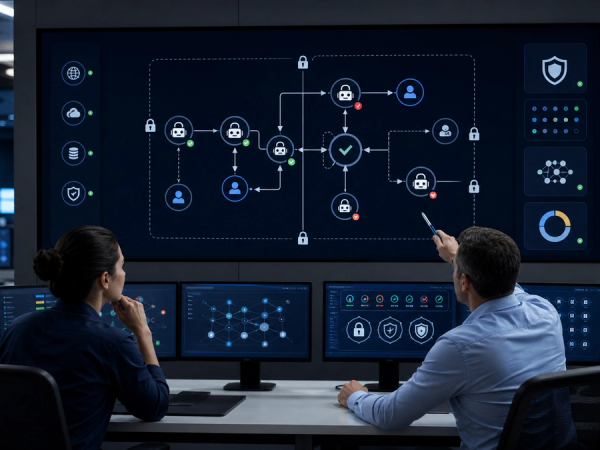 A security operations team reviewing an AI agent permission graph with identities, credentials and approval checkpoints