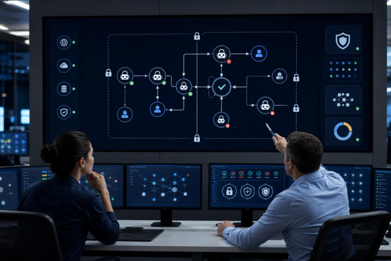 A security operations team reviewing an AI agent permission graph with identities, credentials and approval checkpoints