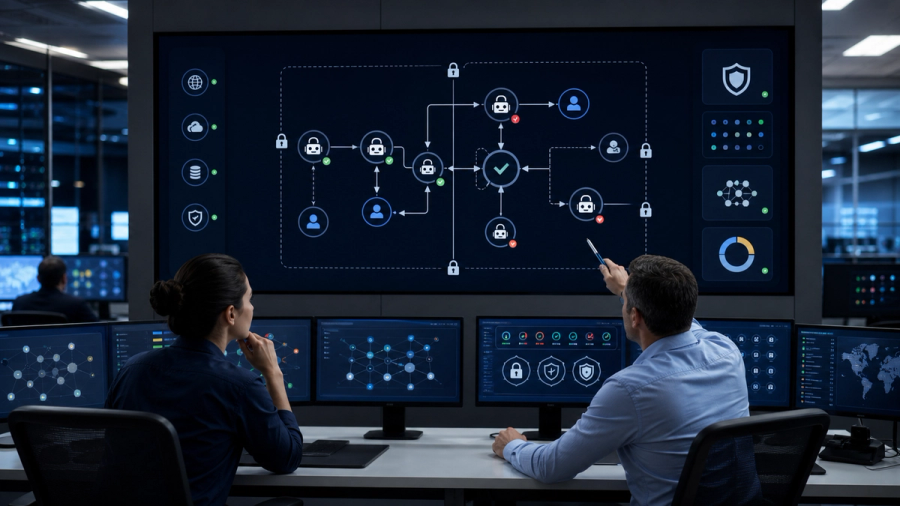 A security operations team reviewing an AI agent permission graph with identities, credentials and approval checkpoints