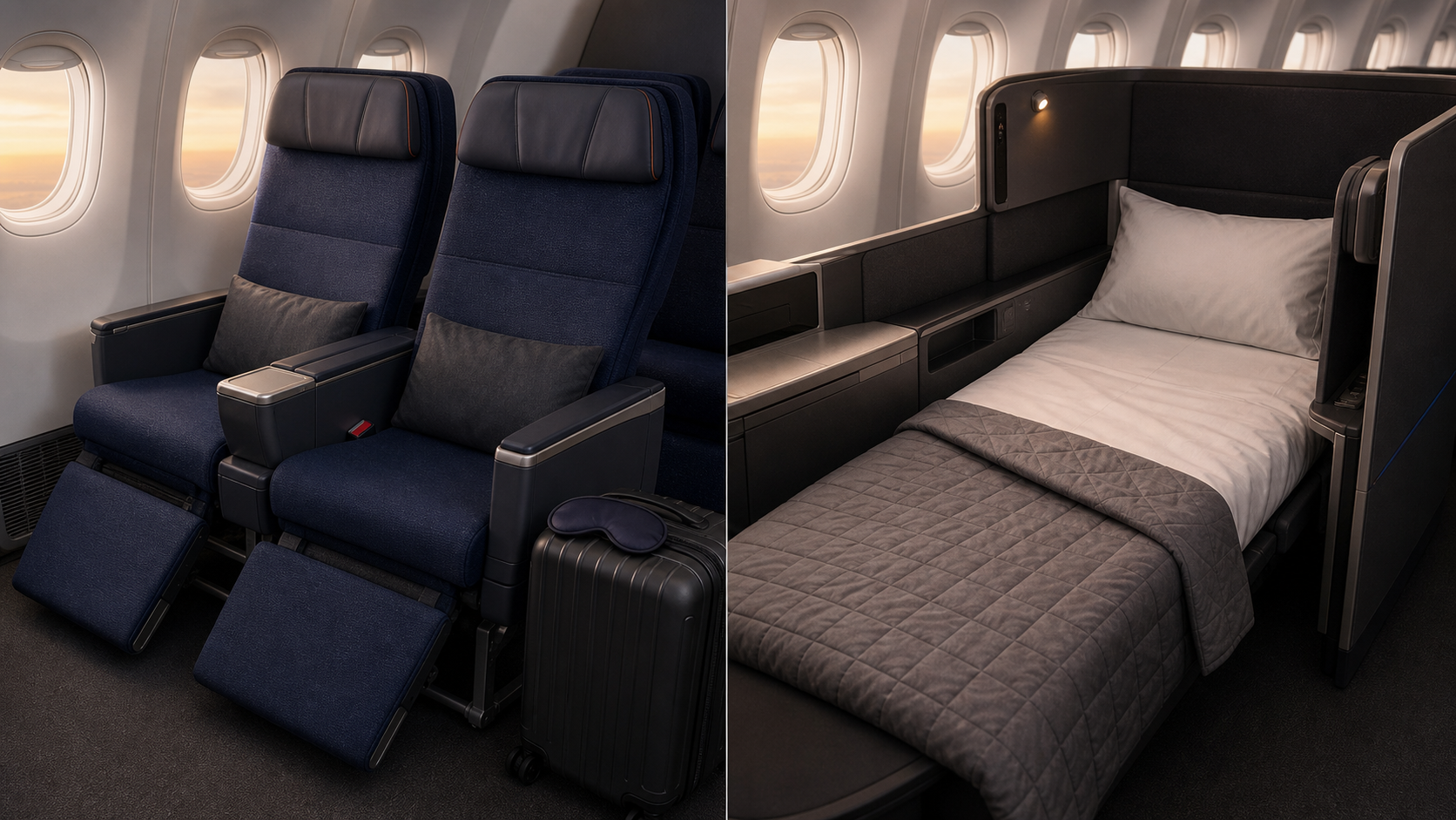 Premium Economy recliner and lie-flat Business seat compared on an American long-haul trip