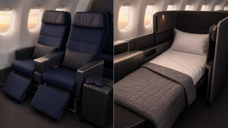 Premium Economy recliner and lie-flat Business seat compared on an American long-haul trip