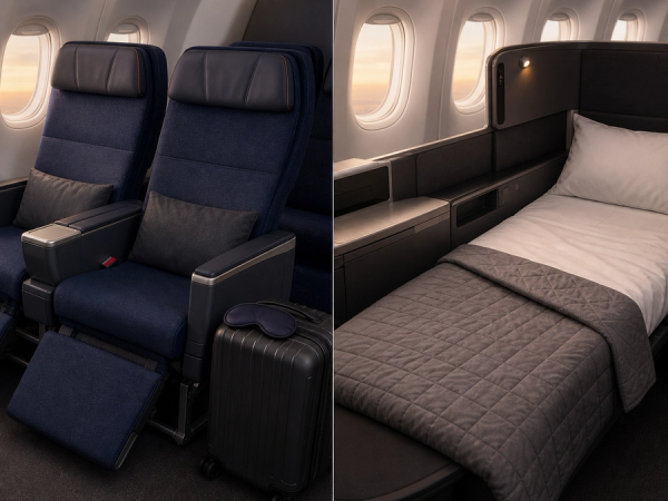 Premium Economy recliner and lie-flat Business seat compared on an American long-haul trip