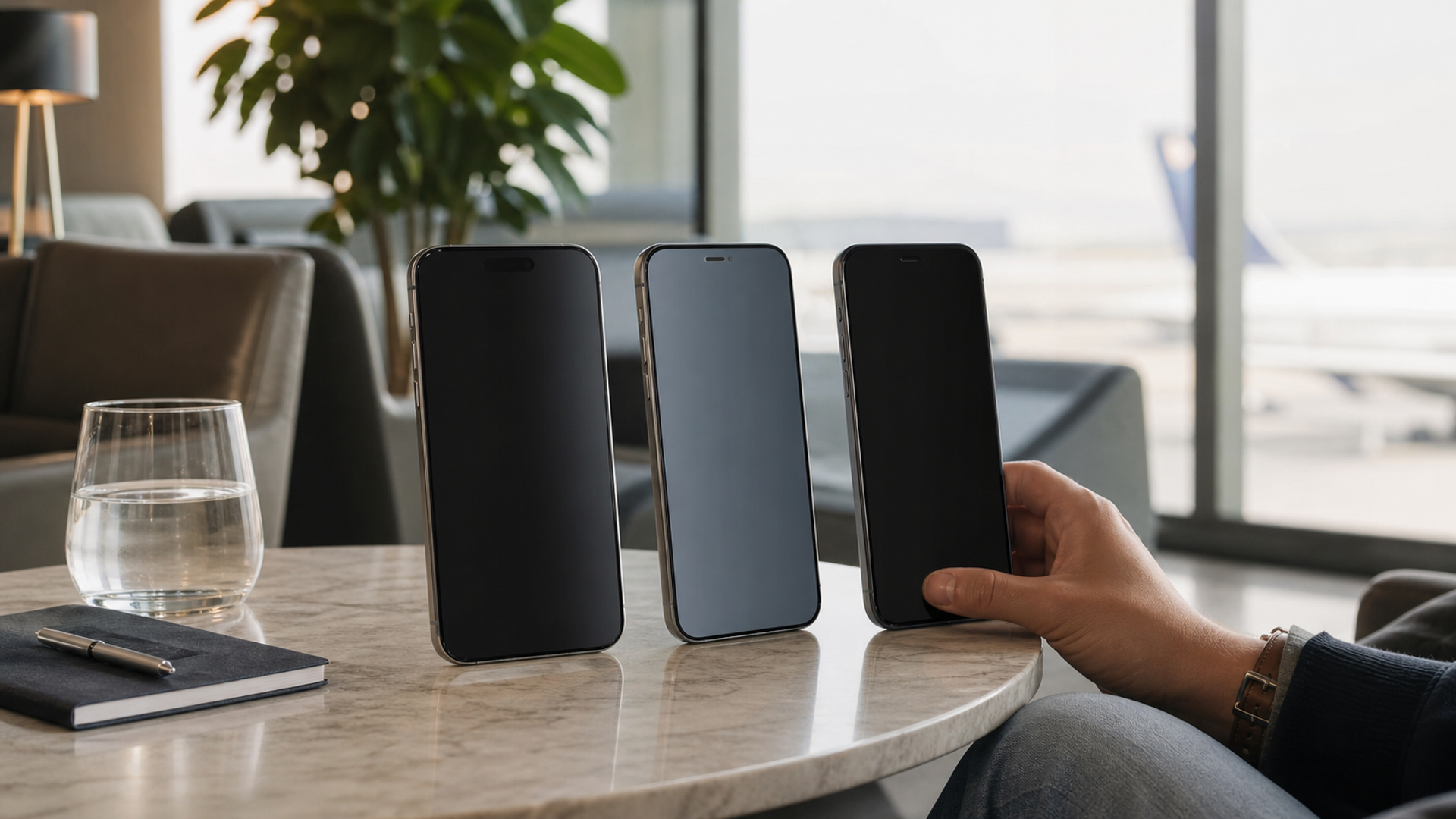 Three unbranded smartphones with clear, matte and narrow-view privacy protectors tested from the front and side in an airport lounge
