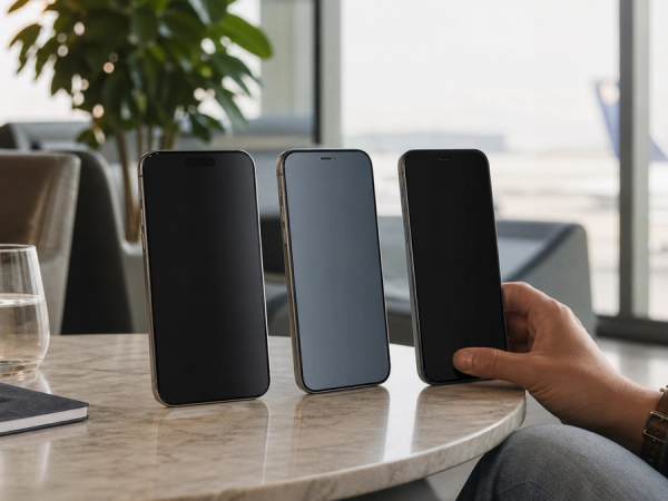 Three unbranded smartphones with clear, matte and narrow-view privacy protectors tested from the front and side in an airport lounge