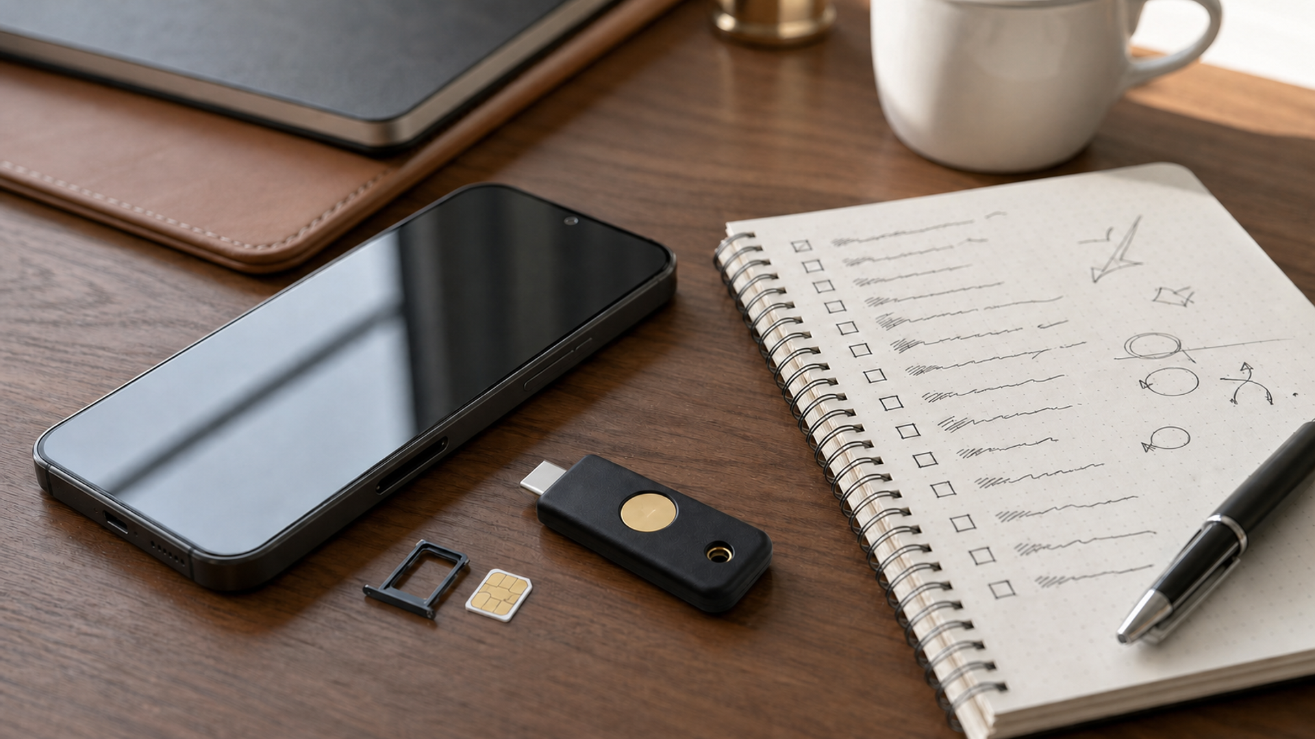 A mobile phone with a removed SIM tray beside a security key and a written incident checklist on a private executive desk