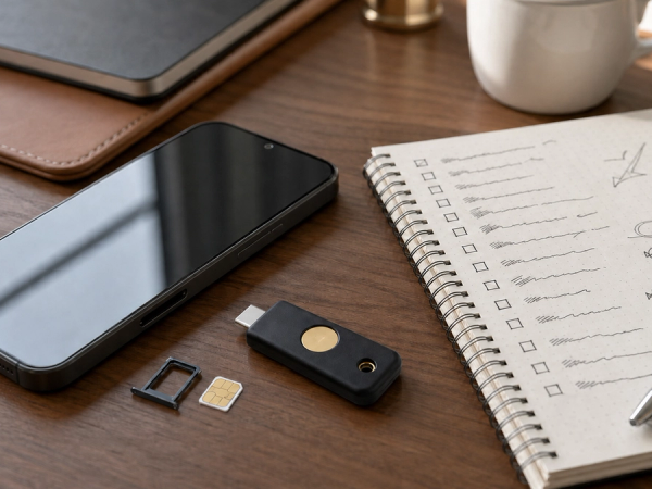 A mobile phone with a removed SIM tray beside a security key and a written incident checklist on a private executive desk