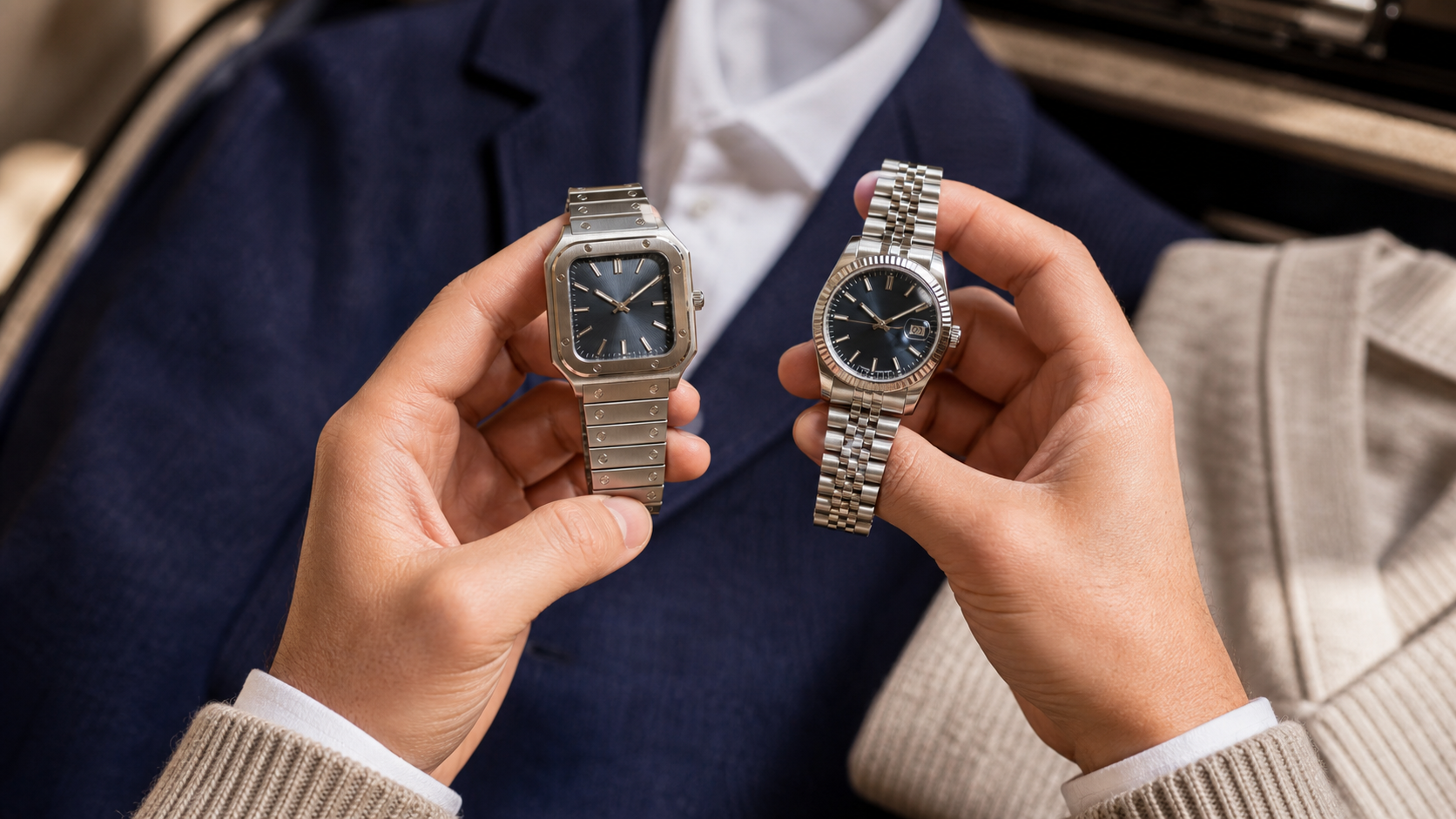 Square bracelet watch and round date watch compared with business and weekend clothing
