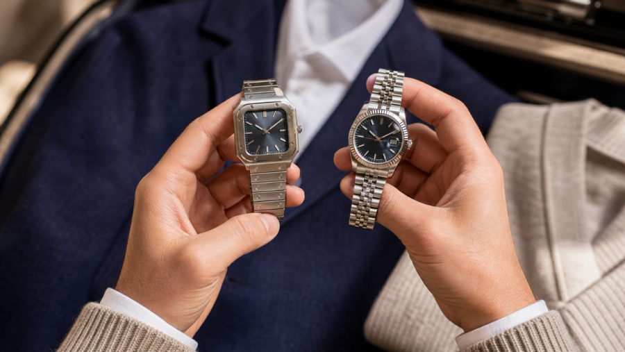 Square bracelet watch and round date watch compared with business and weekend clothing