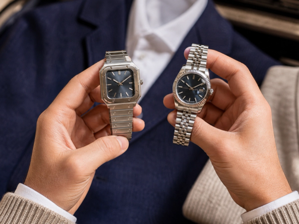 Square bracelet watch and round date watch compared with business and weekend clothing