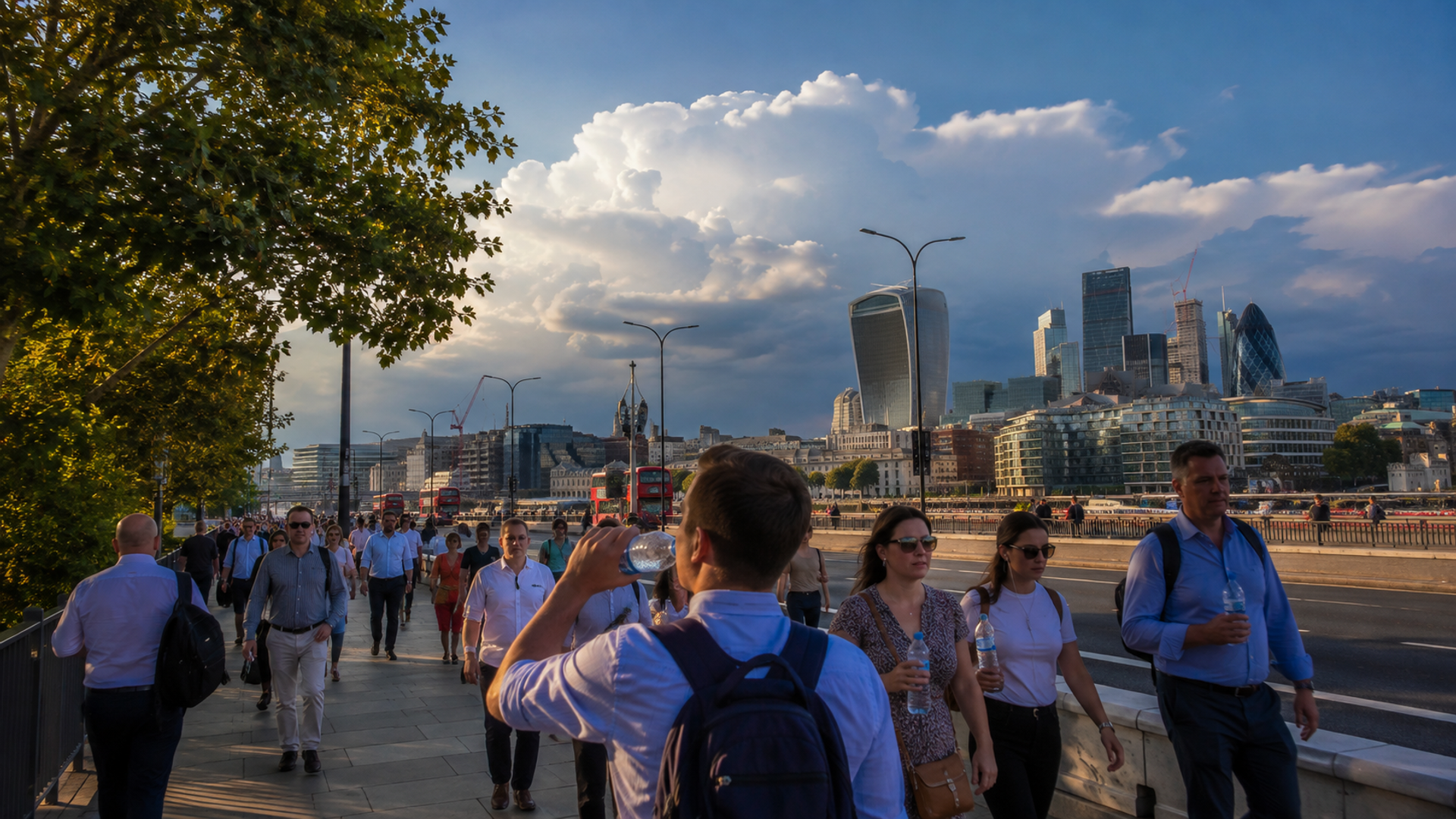 London commuters prepare for a warm September day under changing cloud