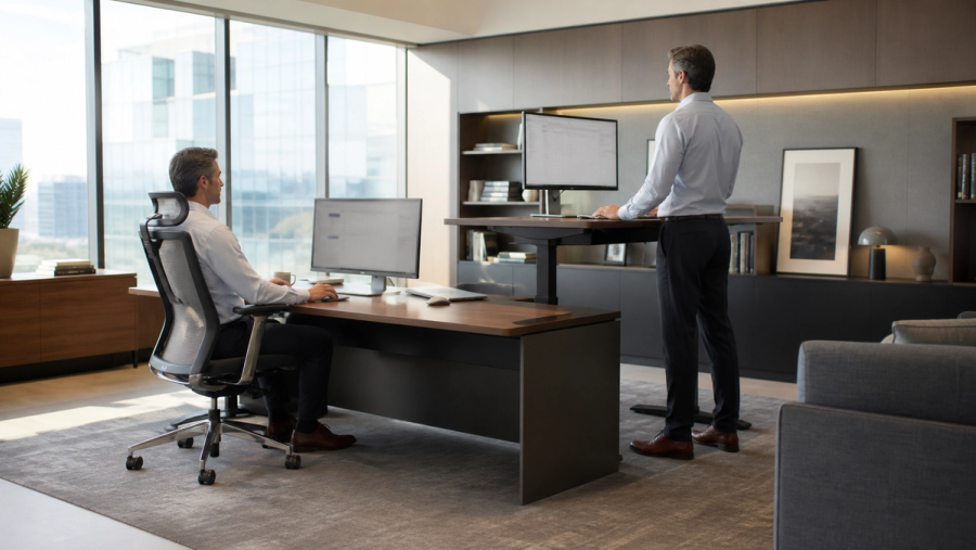 Executive workstation configured for comfortable seated and standing work with movement space