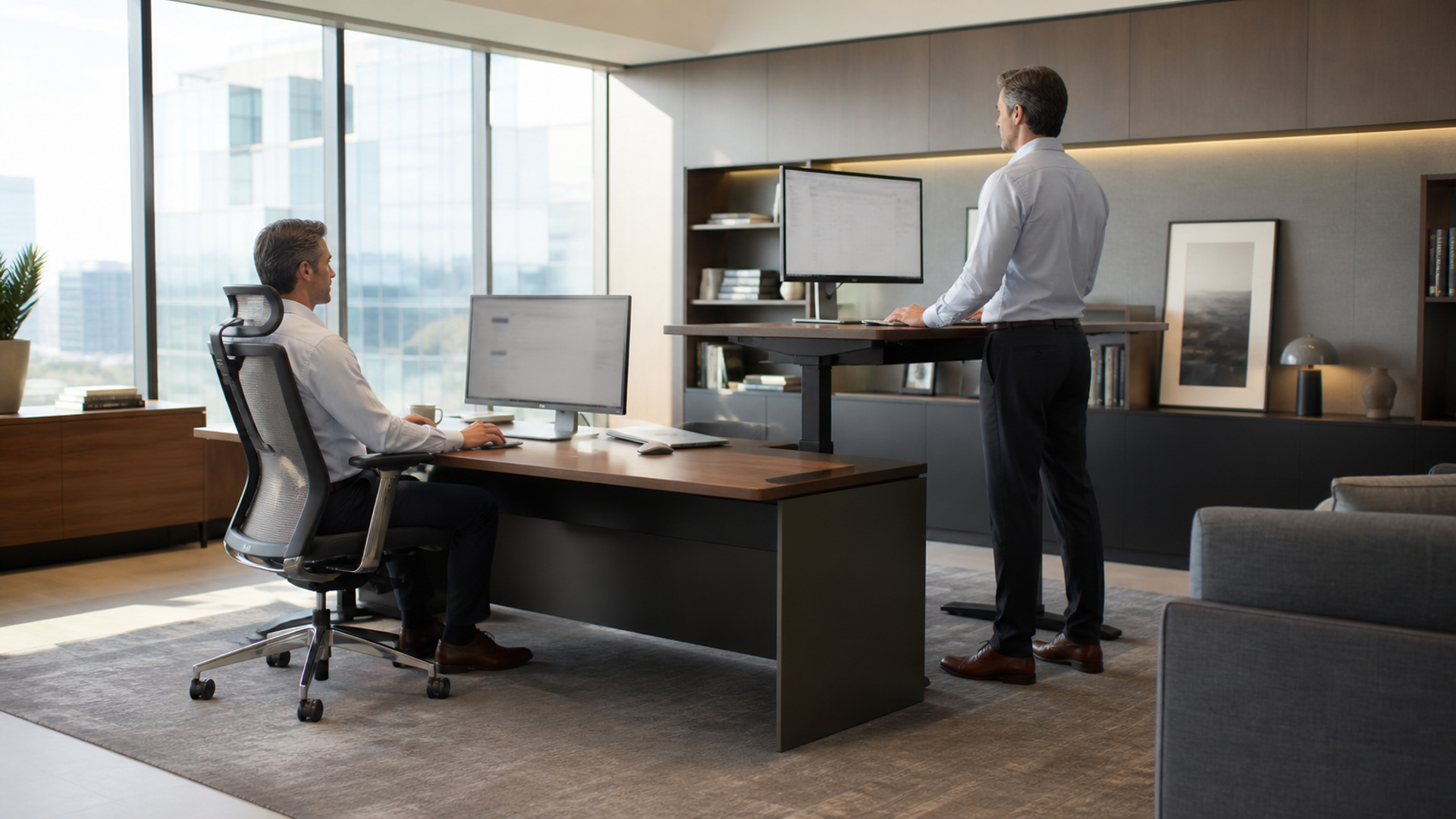 Executive workstation configured for comfortable seated and standing work with movement space