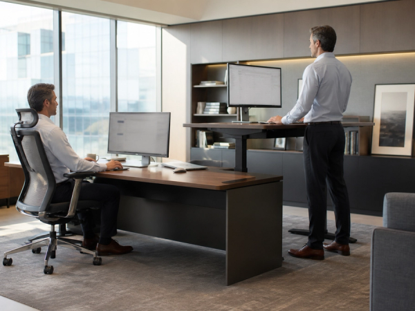 Executive workstation configured for comfortable seated and standing work with movement space