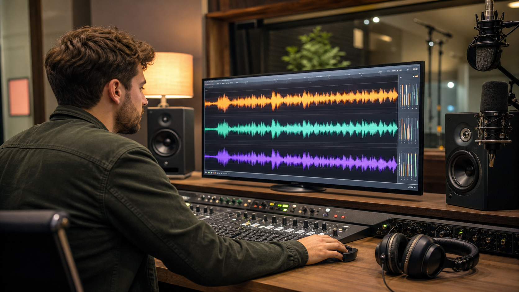 A premium audio production studio comparing expressive AI voice waveforms across narration, dialogue and multilingual tracks