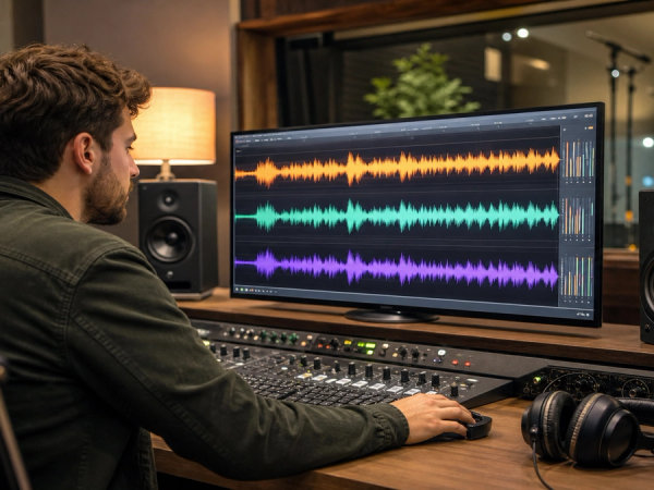 A premium audio production studio comparing expressive AI voice waveforms across narration, dialogue and multilingual tracks