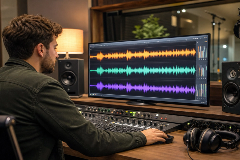 A premium audio production studio comparing expressive AI voice waveforms across narration, dialogue and multilingual tracks