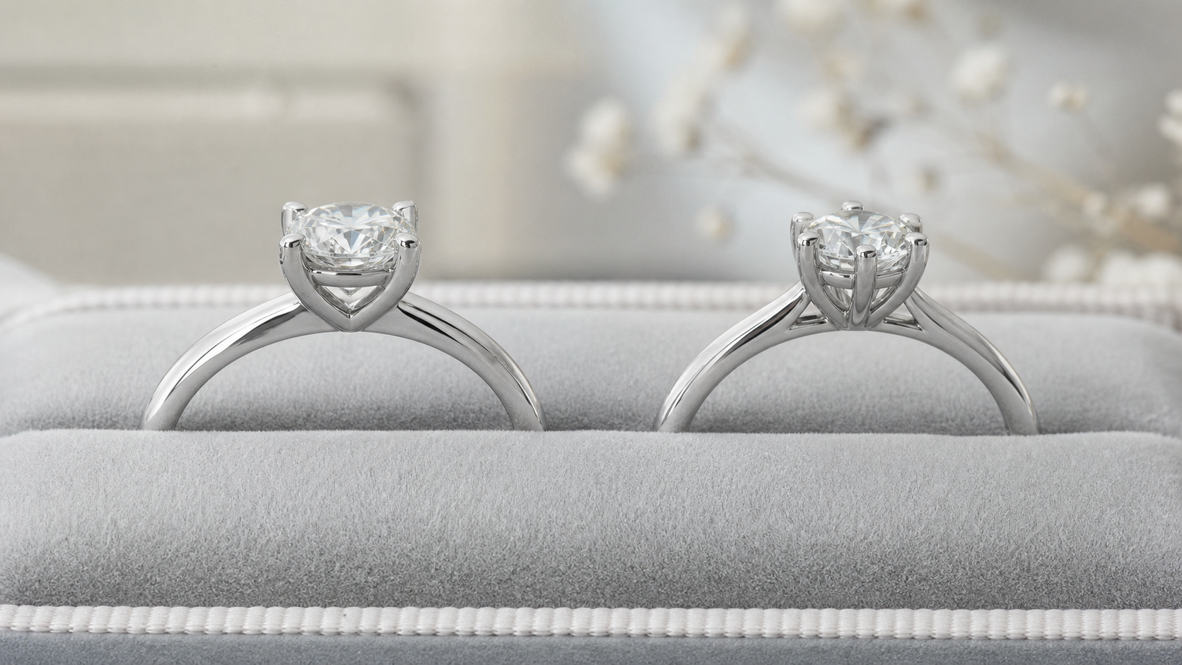 Four-prong and six-prong solitaire engagement-ring profiles on jeweller trays