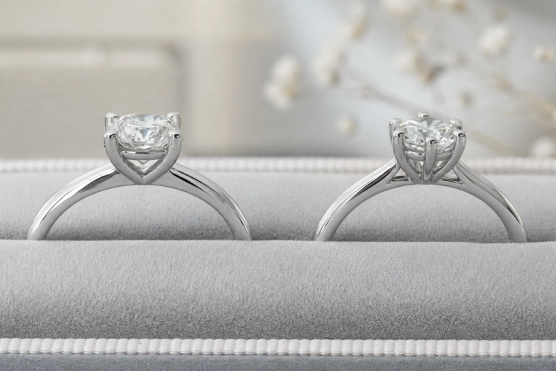 Four-prong and six-prong solitaire engagement-ring profiles on jeweller trays
