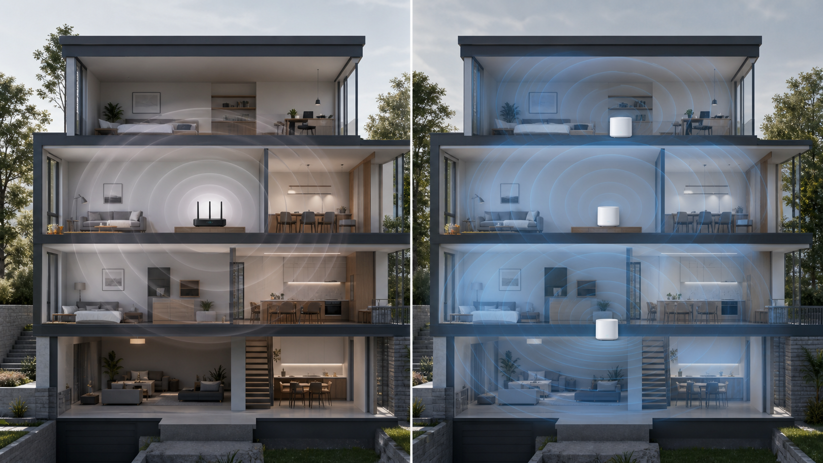 Mesh Wi-Fi vs Traditional Router shown in a practical side-by-side comparison