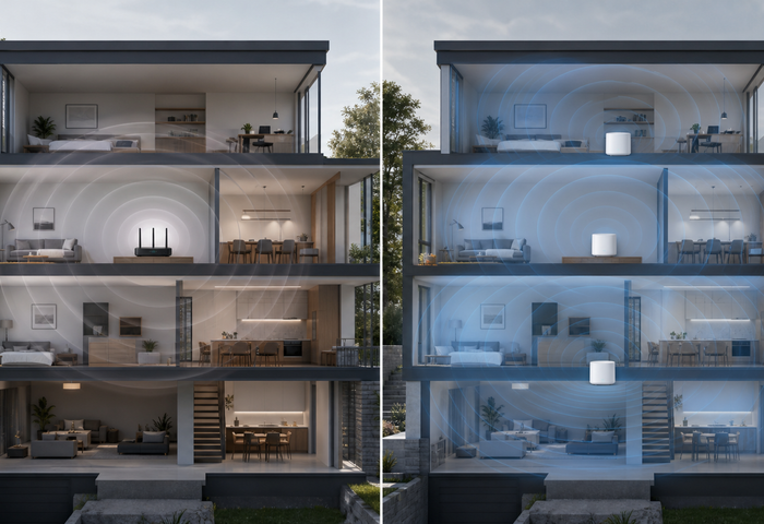 Mesh Wi-Fi vs Traditional Router shown in a practical side-by-side comparison