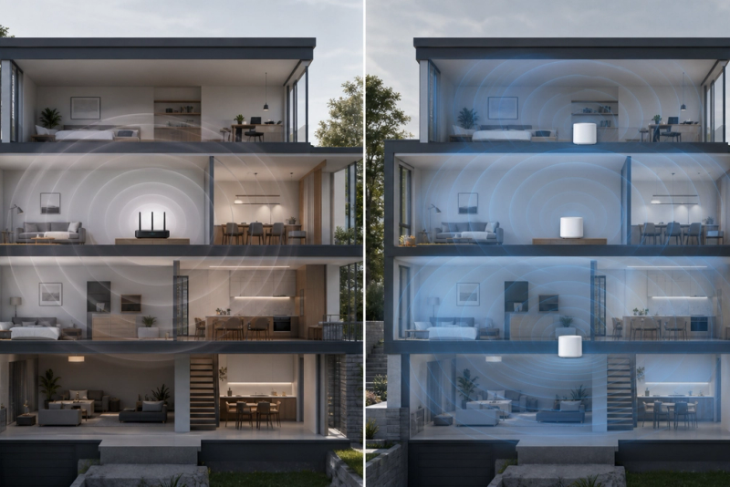 Mesh Wi-Fi vs Traditional Router shown in a practical side-by-side comparison